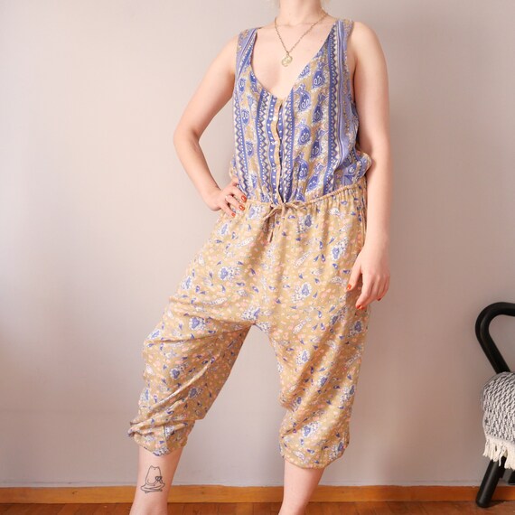 Vintage jumpsuit apron cut made in India 90s beig… - image 5