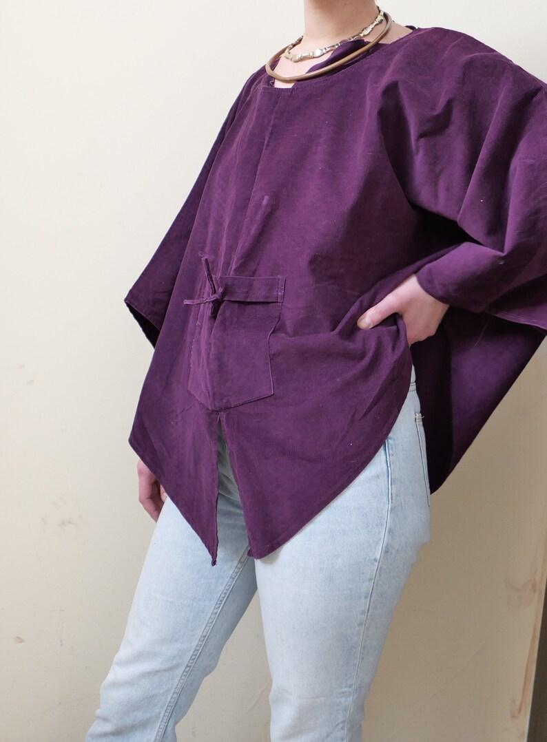 Vintage corduroy boho shirt soft India cotton poncho ethnic overthrow cozy chunky 90s pareo wool unisex purple cover up all sizes zdjęcie 4