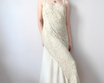 Vintage lace embellished off white layered dress 1920s style light halter romantic pearl straight boho dress size S/M