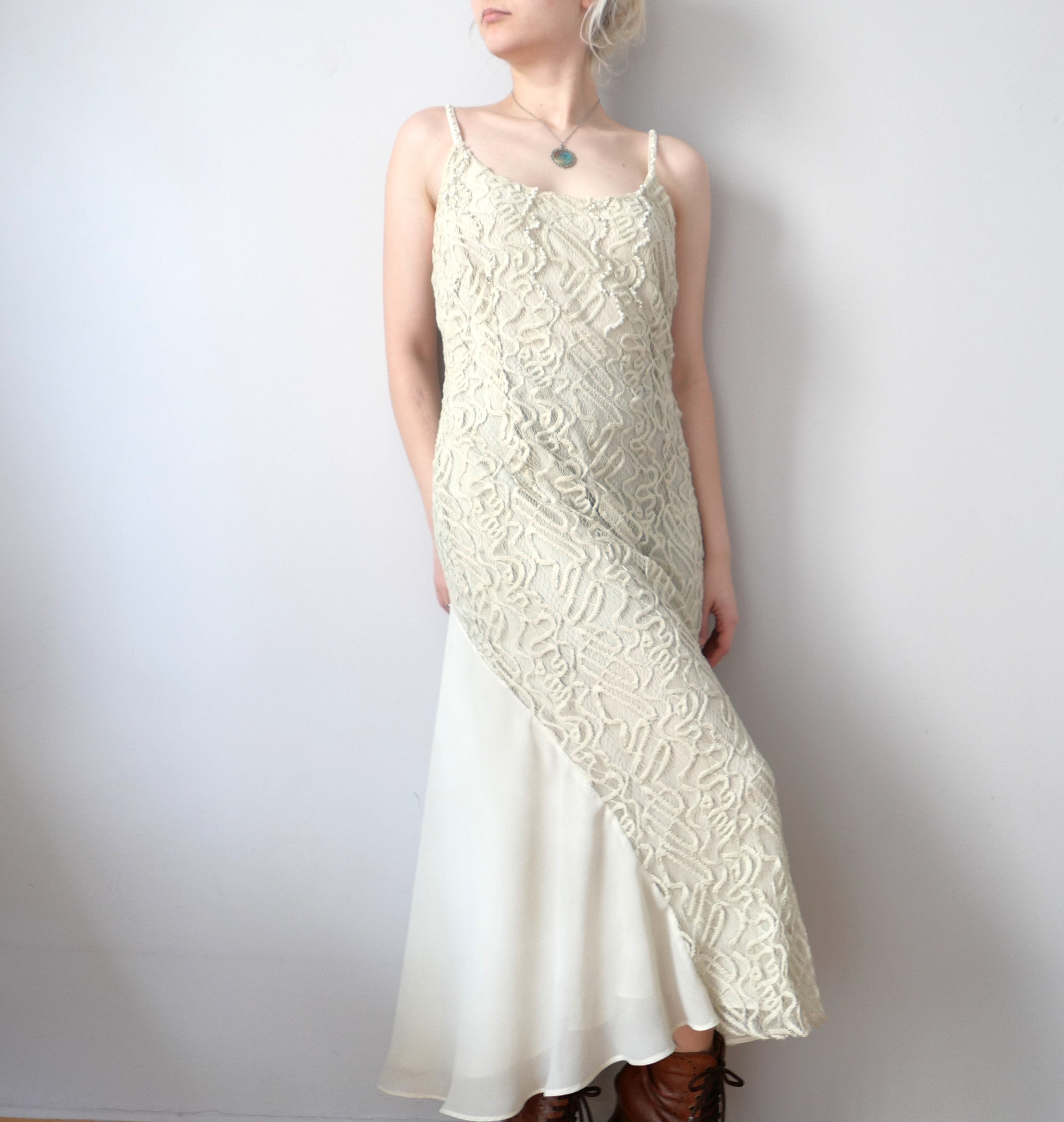 Vintage Lace Embellished off White Layered Dress 1920s Style