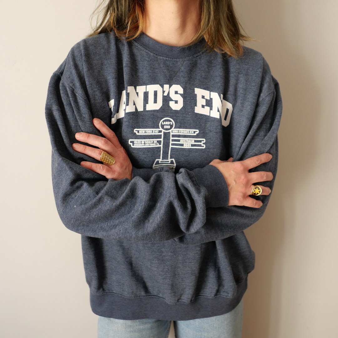 Sweat Vintage Lands' End Années 90 - Homme Taille L - Bleu Marine - Made In USA