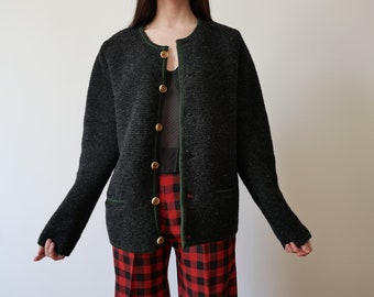 Vintage charcoal pure wool boxy Landhaus cardigan 80s 90s cozy unisex cardi size M/L