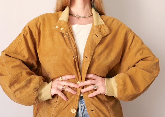 Vintage Camel Suede Leather Bomber Jacket: 80s/90s Boxy Fit, Size