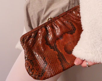 Vintage leather 80s rustic leather wallet clutch snake print earthy minimalist basic bag unisex with metallic closure