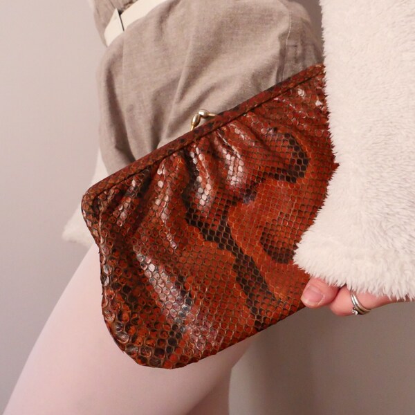 Vintage leather 80s rustic leather wallet clutch snake print earthy minimalist basic bag unisex with metallic closure