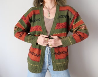 Vintage Lana Blend Cardigan patterned Fair Isle cozy cottage core boxy style 80s 90s easy cut cozy unisex slouchy granny jumper size M