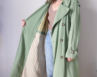 trench vintage Hugo Boss des années 90 80 vert menthe basique classique doublure à carreaux en gabardine pardessus unisexe L/XL