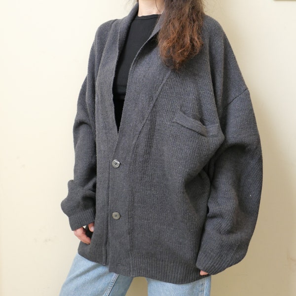 Vintage dark grey basic Italian wool blend cardigan longline soft layers cardigan fluffy basic cozy cottage core size L