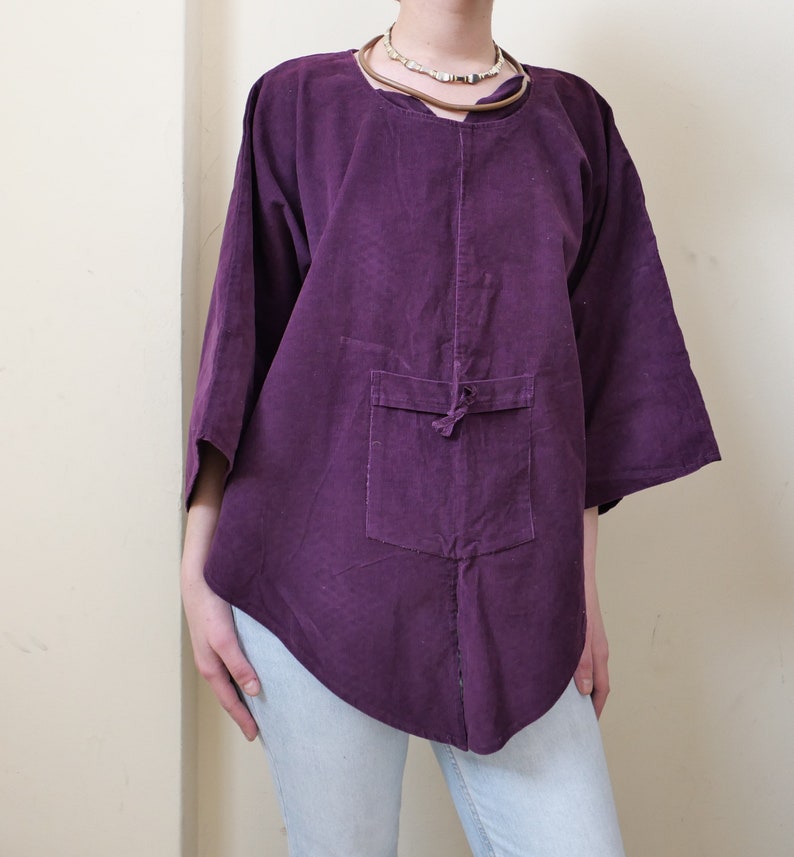 Vintage corduroy boho shirt soft India cotton poncho ethnic overthrow cozy chunky 90s pareo wool unisex purple cover up all sizes zdjęcie 6