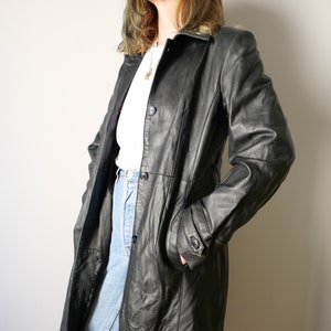 cuir nappa vintage original années 80 long manteau noir coupe de base style droit toucher doux cuir de mouton nappa taille unisexe M/L