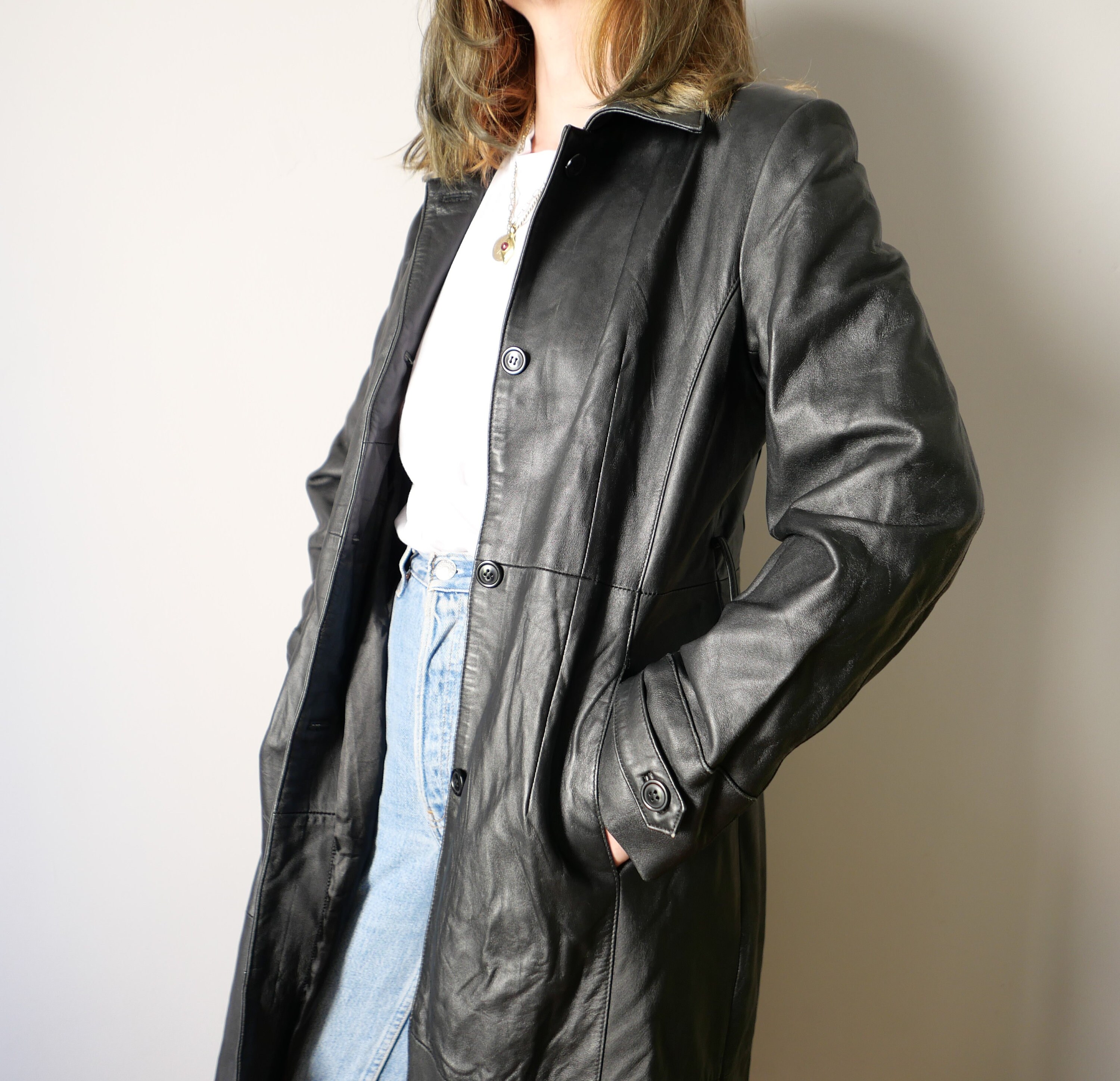80年代ヴィンテージナッパレザーコート：ロングブラックシープスキン 