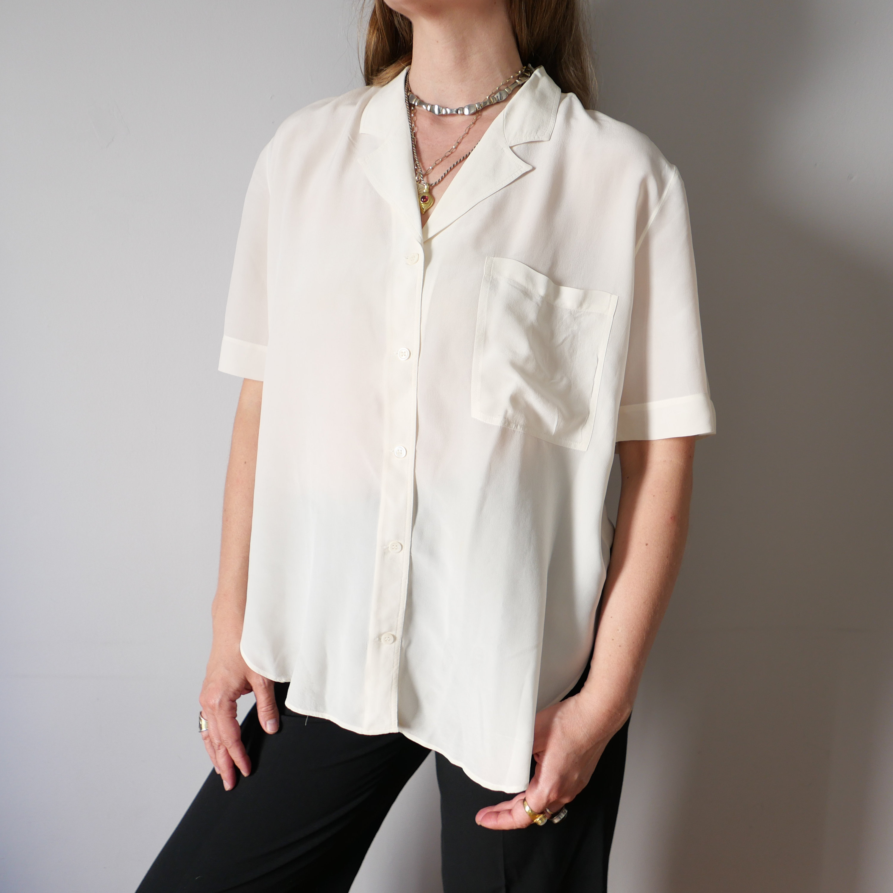 Vintage Milk White Silk Shirt - 80s 90s French Chic, Oversize S/L