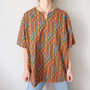 Vintage boho half sleeve orange tangerine ethnic pattern boxy shirt tunic top s/l basic shirt festival style unisex