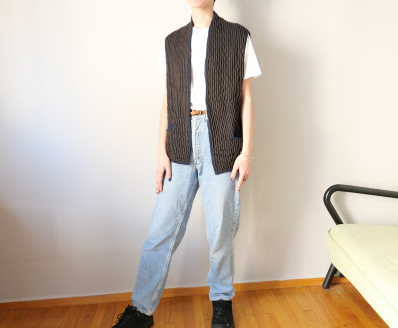 Vintage earthy blue brown wave vest cozy cottage core boxy style 80s 90s easy cut cozy unisex size S/L image 3