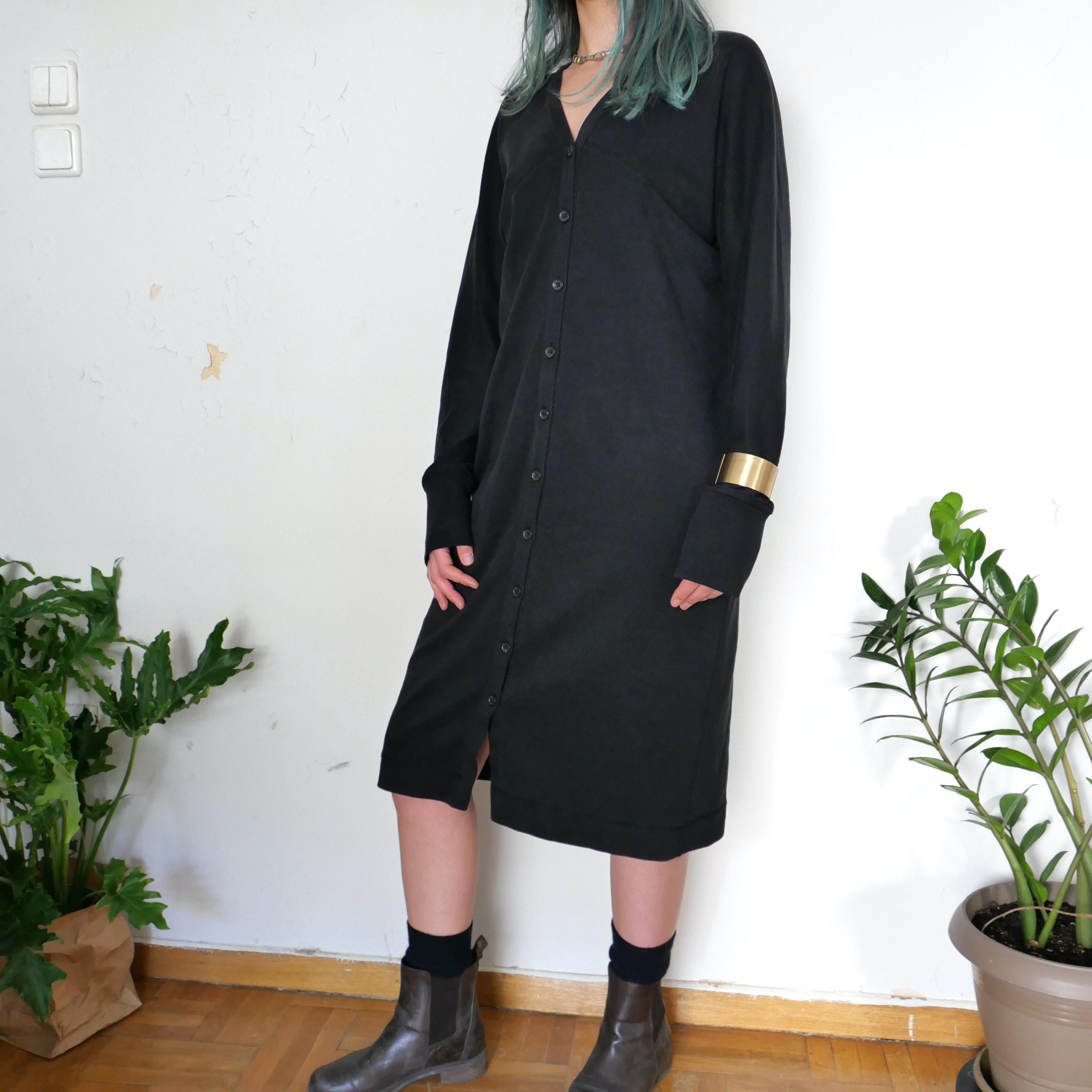 Vintage Japanese COS Black Cotton Dress: Open V-neck Long