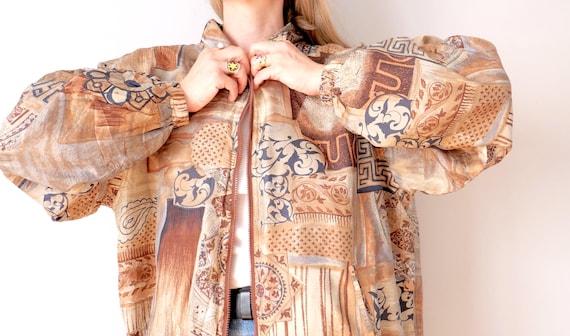 Vintage 90s Silk Patchwork Bomber Jacket: Earthy Asymmetrical