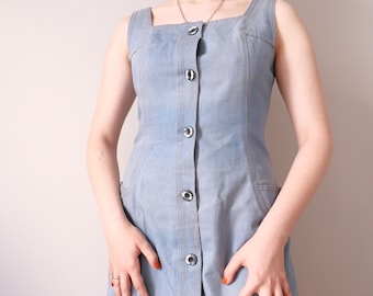 Vintage denim pinafore 90s y2k button down blue jeans apron dress classics dress size S/M, open back sleeveless nineties