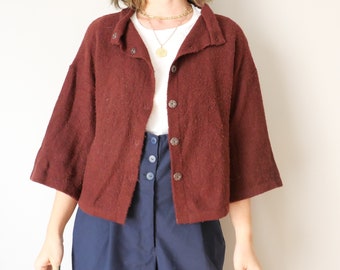 Vintage style second hand Sisley wool mix cardigan bordeaux earthy sweater boxy cozy unisex onesize S/L