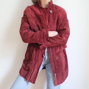 Vintage 100% bordeaux suede leather wine red parka 80s 90s long coat roomy basic cut pockets with lovely details unisex size M-L