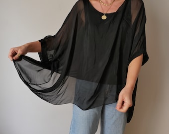 Vintage 100% silk layered bat arms swing black shirt super boxy light minimalist aesthetics size s/l