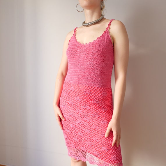 Vintage pink crochet dress Y2K 90s barbie core knitte… Gem