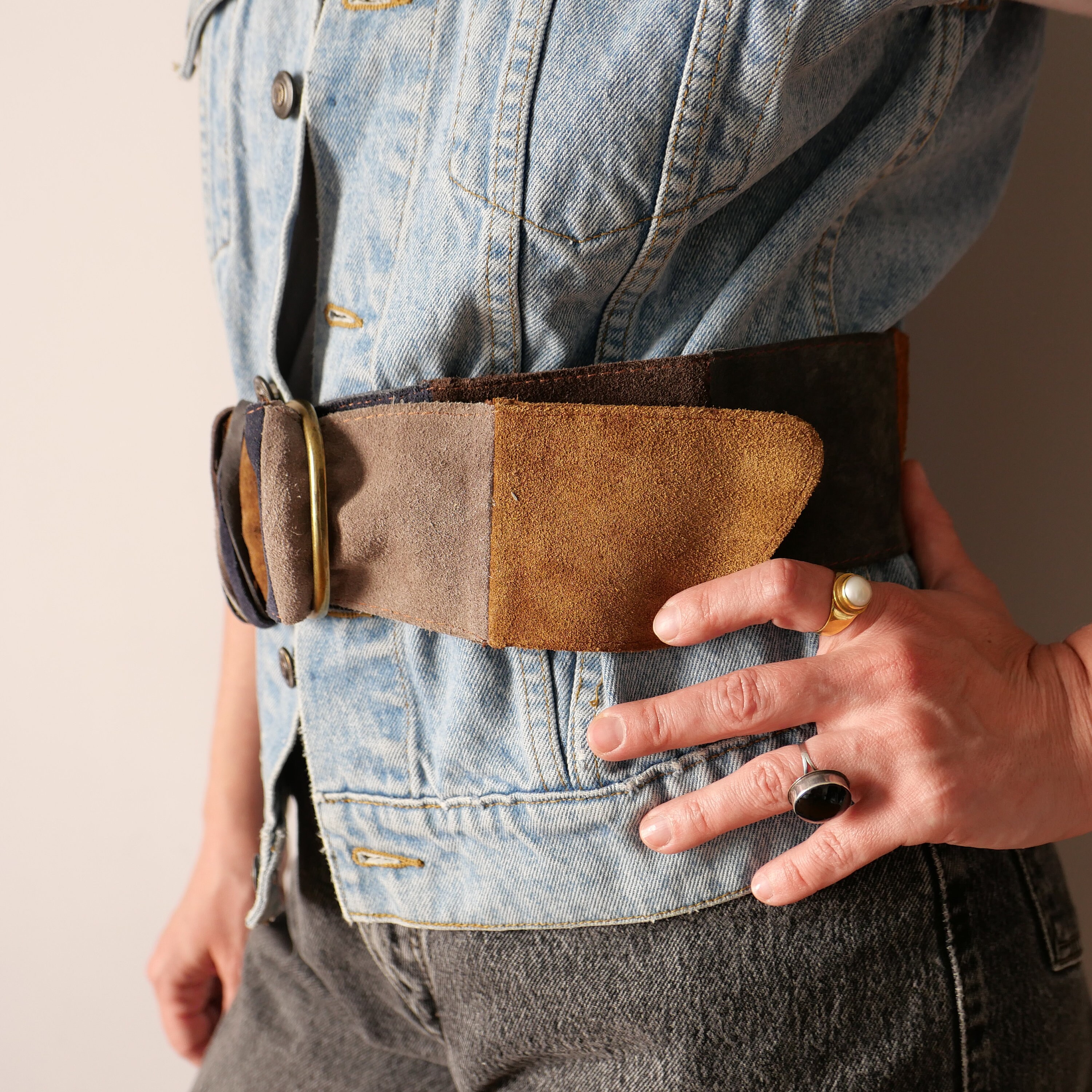 Vintage brown suede belt featuring a woven design and stitched patchwork details Vintage Suede Patchwork Belt: 90s Boho Leather Accessory (S  main image 3