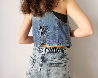 Vintage denim Y2K vest 2000s style blue stone wash pure denim jeans ribbon detail layer size S, with buttons to close and rare pockets