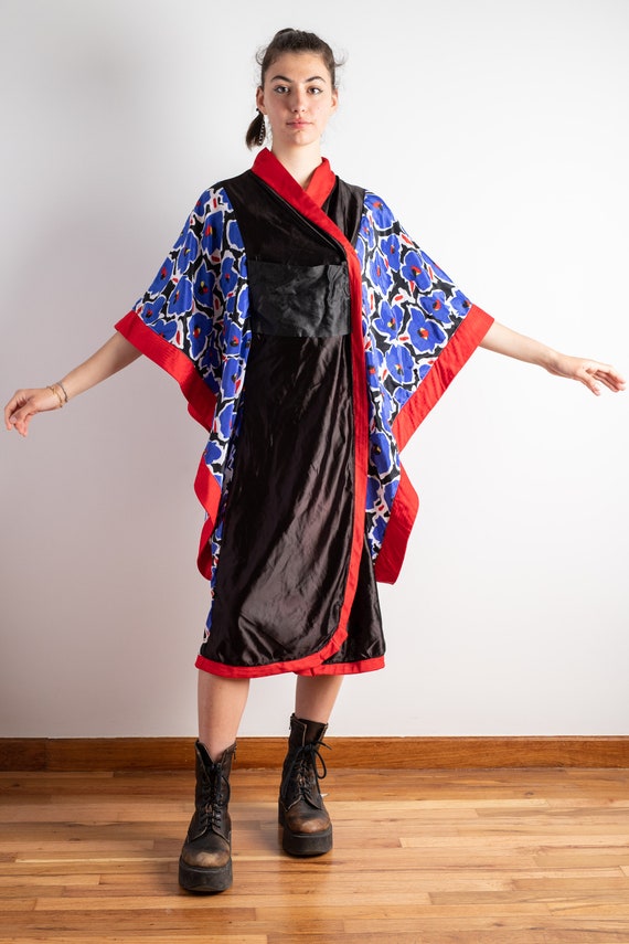 Vintage kimono asymmetrical red blue style gabardi
