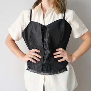 Vintage corset top black lace corsage 70s satin 80s adjustable size L-XL image 3