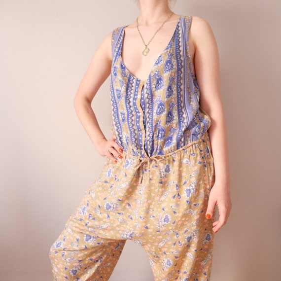 Vintage jumpsuit apron cut made in India 90s beig… - image 6