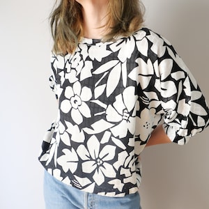 Vintage Floral Bat Sleeve Shirt: Handmade Black & White Top (M/L)