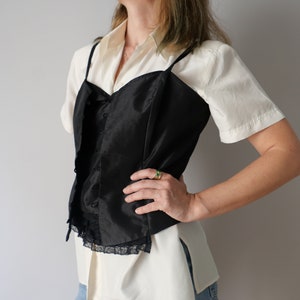 Vintage corset top black lace corsage 70s satin 80s adjustable size L-XL image 6