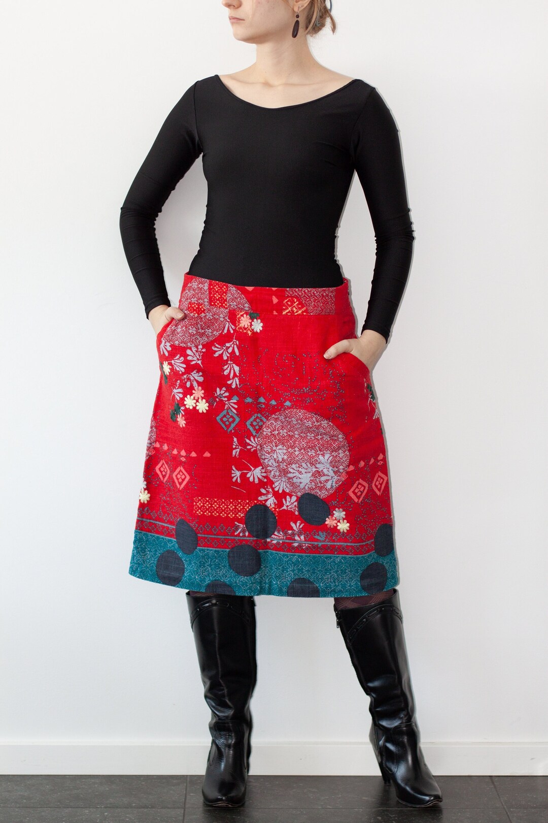 Motice Pockets Vintage Linen Cotton Embroidered Geometric Pattern Skirt Office Boho ...