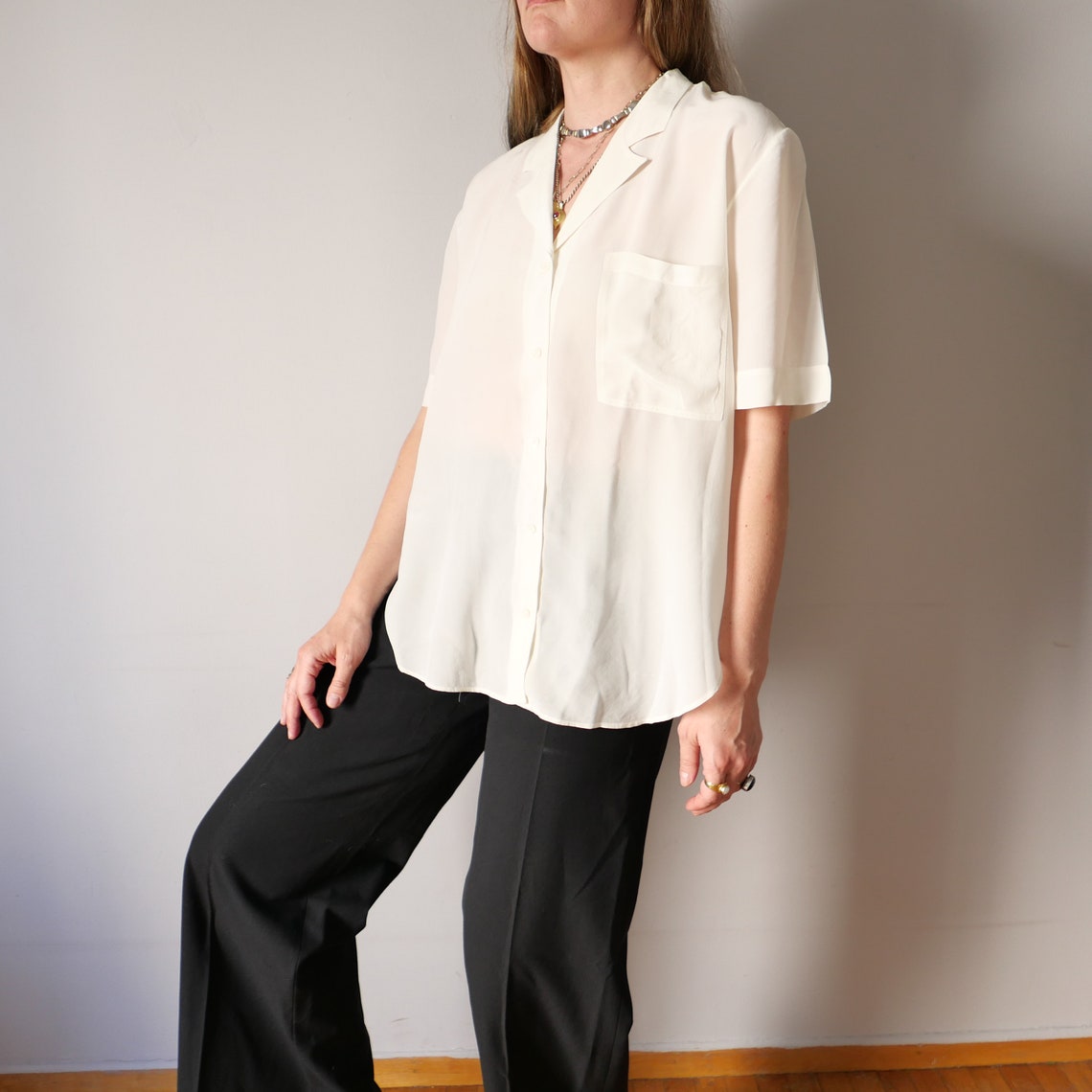Vintage Milk White Silk Shirt - 80s 90s French Chic, Oversize S/L, foto 4 di 5