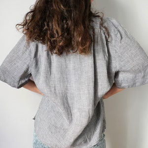 Vintage Italian Linen Shirt: Pied de Poule Black White, Minimalist Style (Size L)