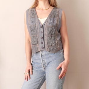 Vintage Boho Weste aus Musselin-Musselin: Blaue Baumwollweste, Grösse S-M