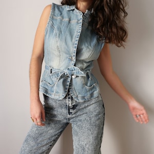 Vintage 90s Stone Wash Denim Vest: Belted Cotton Gilet, Size S-M
