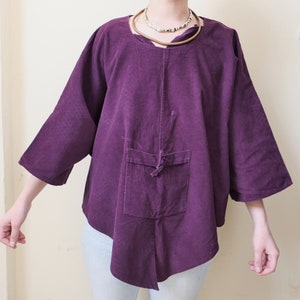 Vintage corduroy boho shirt soft India cotton poncho ethnic overthrow cozy chunky 90s pareo wool unisex purple cover up all sizes zdjęcie 5