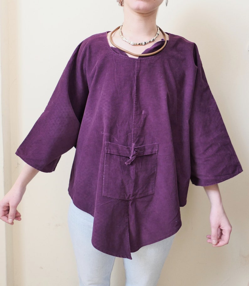 Vintage corduroy boho shirt soft India cotton poncho ethnic overthrow cozy chunky 90s pareo wool unisex purple cover up all sizes zdjęcie 5