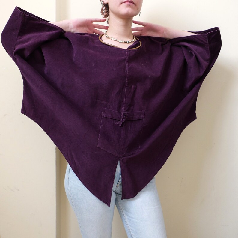 Vintage corduroy boho shirt soft India cotton poncho ethnic overthrow cozy chunky 90s pareo wool unisex purple cover up all sizes zdjęcie 7