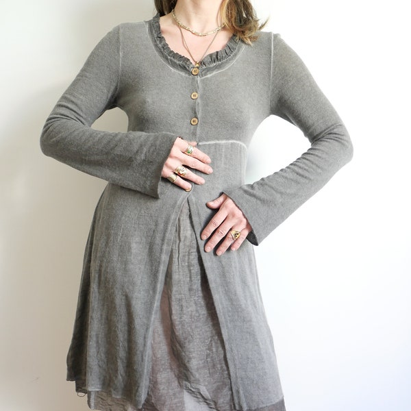 Vintage taupe angora blend boho trompet sleeves layered dress tunic wooden button front layer basic size s/m earthy unisex