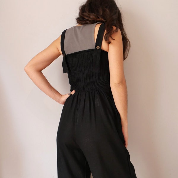 Vintage schwarz insgesamt Leinen Culotte minimalist Overall Avantgarde Strampler Onesie Latzhose klassische Kapsel Basic Größe S/M