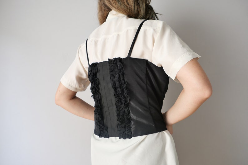 Vintage corset top black lace corsage 70s satin 80s adjustable size L-XL image 4