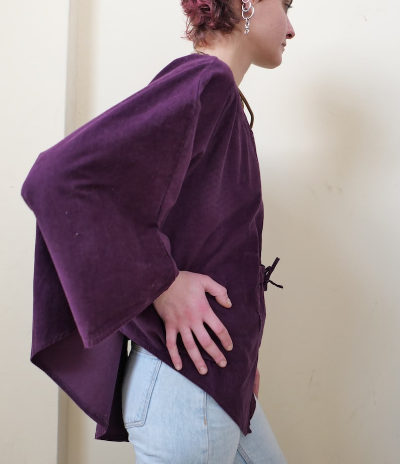 Vintage corduroy boho shirt soft India cotton poncho ethnic overthrow cozy chunky 90s pareo wool unisex purple cover up all sizes zdjęcie 1