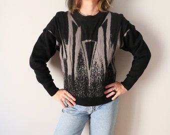 Vintage Wolle Pullover schwarz charcoal 90er Jahre 90er Jahre gemütlicher eckiger Schnitt slouchy Oma Pullover Größe M/L