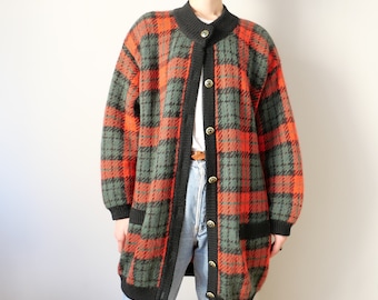 Vintage cardigan plaid kid mohair blend long cardigan cottage core checked bright red blazer Irish tartan jacket 80s cozy unisex size L