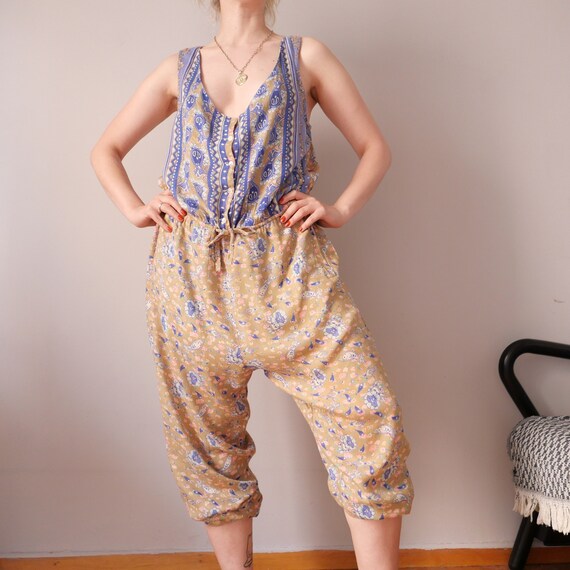 Vintage jumpsuit apron cut made in India 90s beig… - image 3