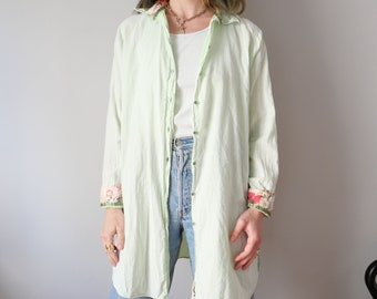 Vintage green double gauze floral cotton long shirt cottage core nineties aesthetics basic shirt retro style unisex S/L