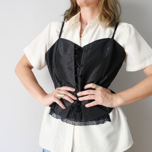Vintage corset top black lace corsage 70s satin 80s adjustable size L-XL image 1