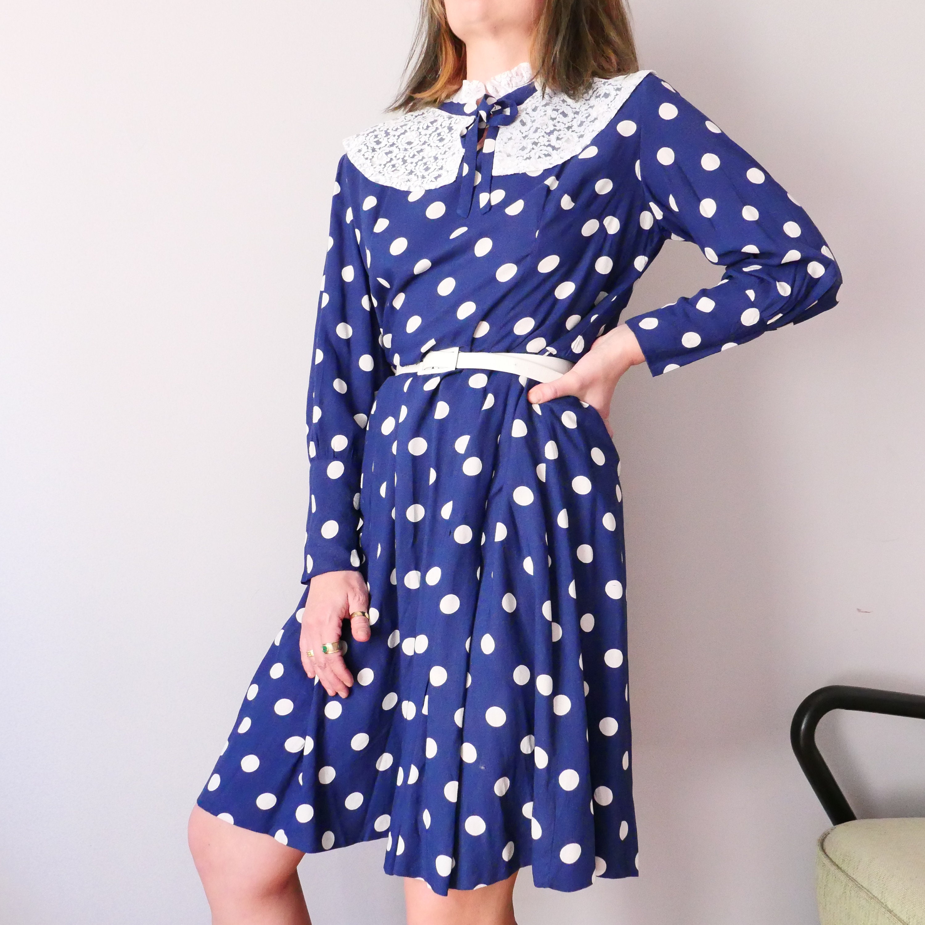 Vintage 70s Polka Dot Dress: Handmade Blue Lace Collar, Size M